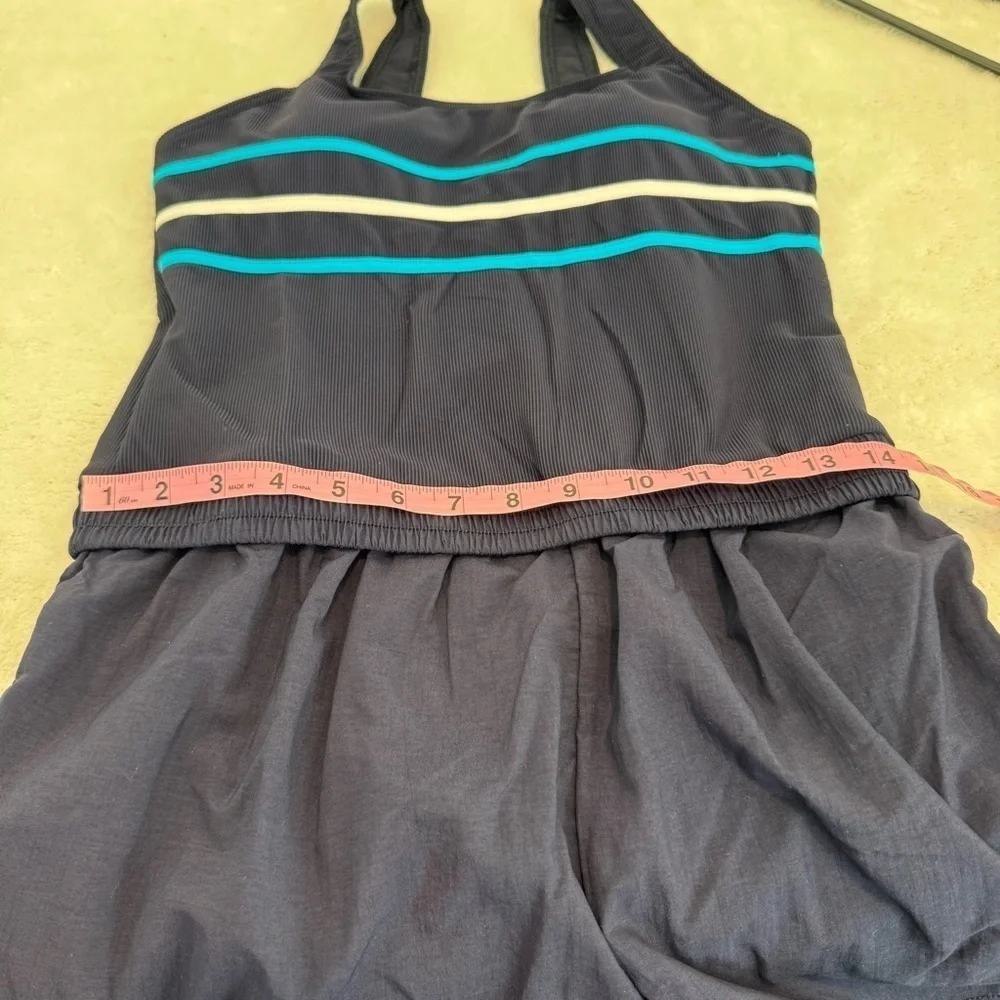 LL BEAN womens 1 pc SWIM SWIMMING SUIT SHORTS dark blue stripe BRA TOP size 14R